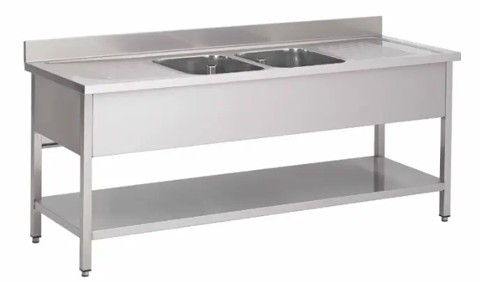 RVS 441 Spoeltafel 2 bakken + 2 afdruipzones met onderblad - L2200XD700XH900 mm