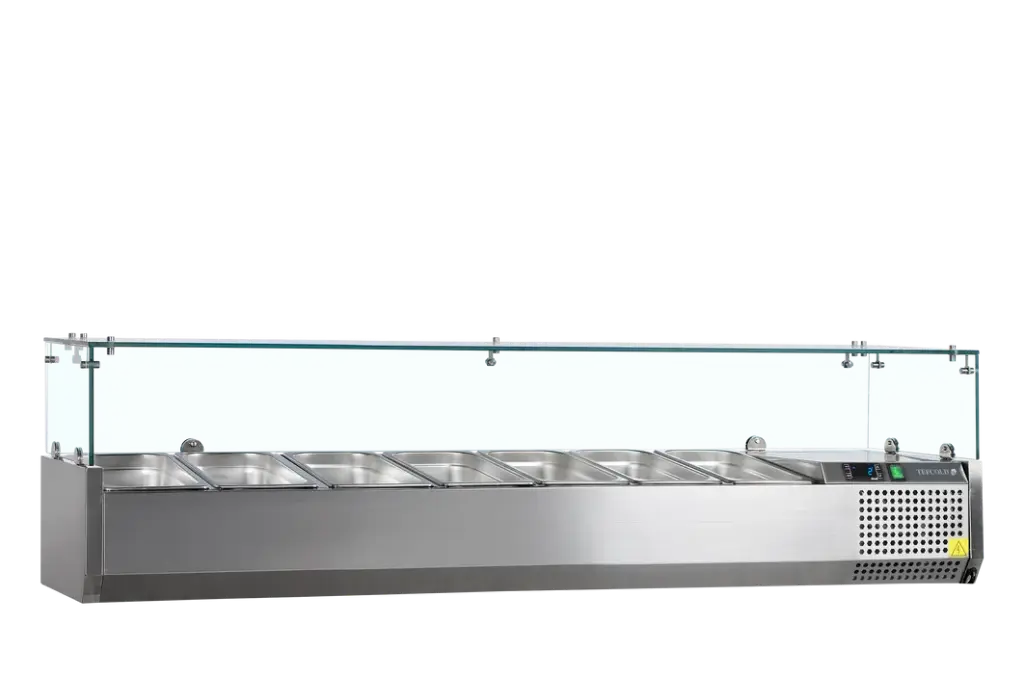 Opzetkoelvitrine 7 x GN 1/4 - Glazen deksel - B 1600 x D 335 x H 448 mm 