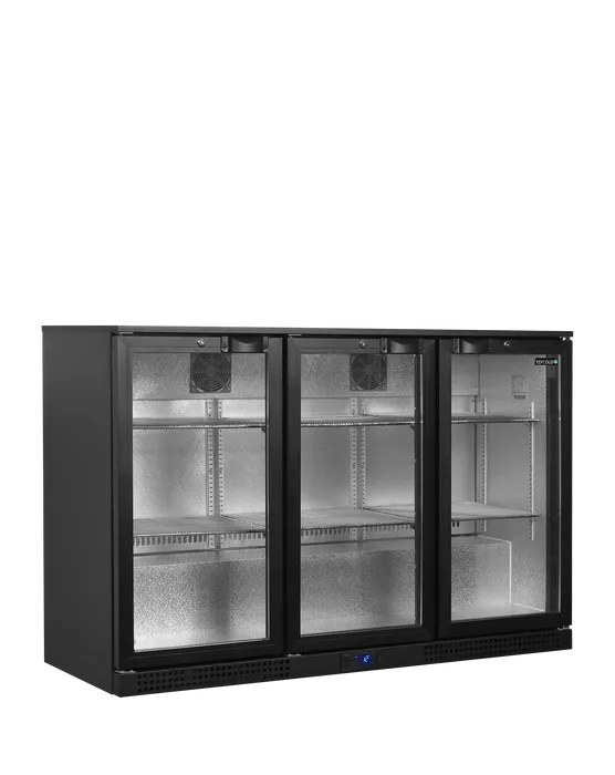 Barkoelkast hoge kwaliteit met 3 glazen scharnierdeuren B 1350 x D 520 x H 900 mm