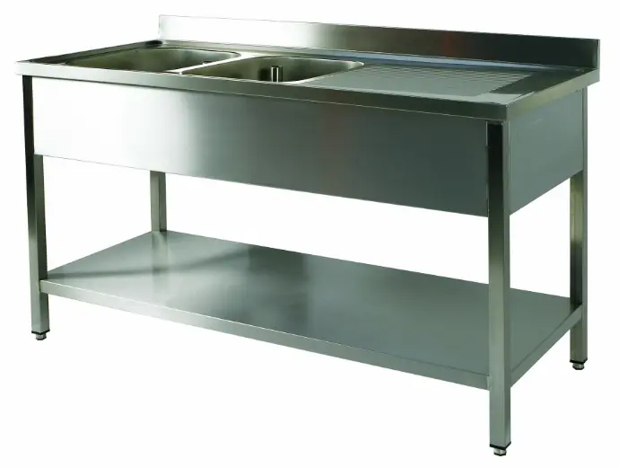 RVS 304 Spoeltafel 2 bakken + 1 afdruip met onderblad - L1600XD600 mm