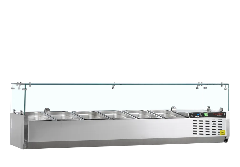 Opzetkoelvitrine 6 x GN 1/3 - Glazen deksel - B 1500 x D 395 x H 448 mm  