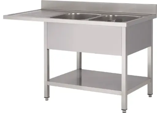 [PL/1624G+P1/LV] RVS 441 Spoeltafel 2 bakken + 1 afdruip Links + ruimte vaatwasser met onderblad - L1600XD700XH900 mm