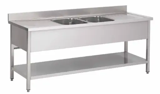 [PL/2226+PP/1] RVS 441 Spoeltafel 2 bakken + 2 afdruipzones met onderblad - L2200XD700XH900 mm